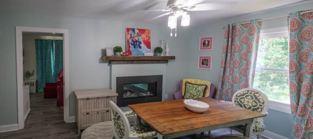 Indoor dining space for 8 and indoor fireplace. 