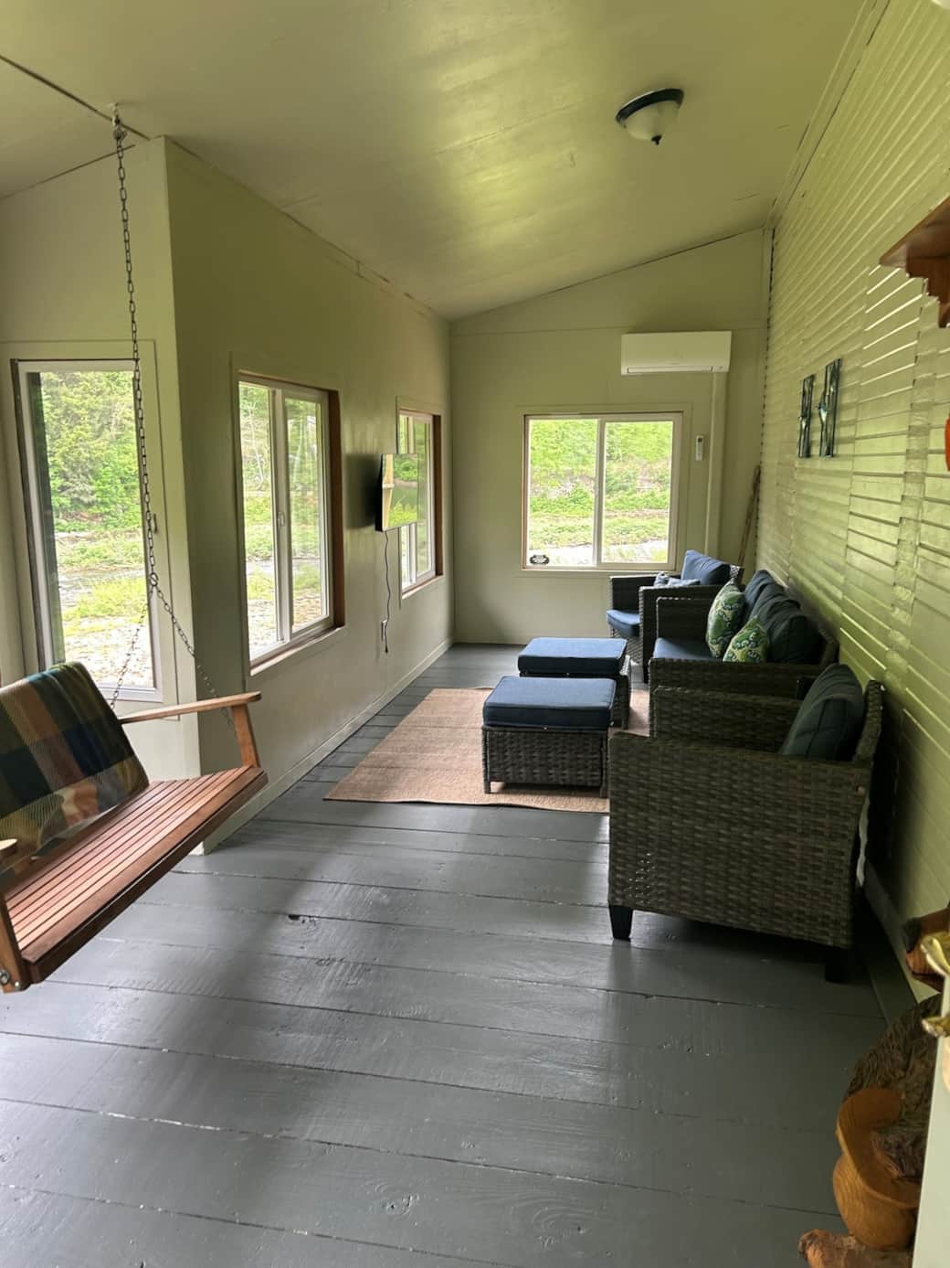 A favorite spot—sip coffee or wine while watching the creek flow by. Serenity with front-row seats to nature.  TV available for streaming during warm seasons.  