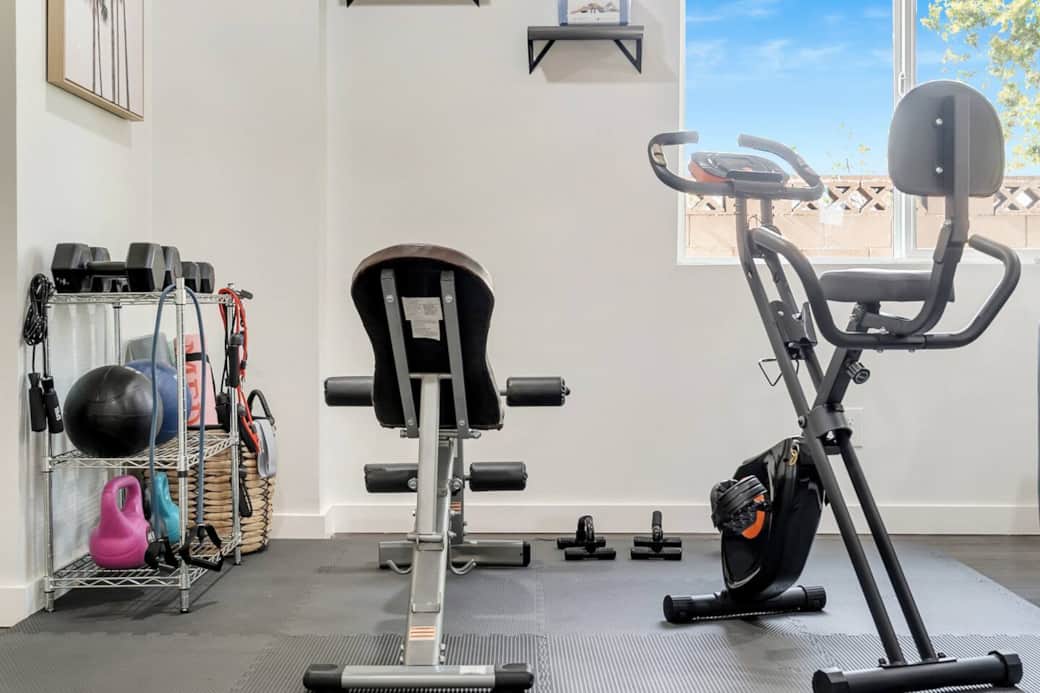 Indoor Gym: Exercise bike, exercise bench, free weights, kettlebells, resistance bands, yoga mats and more! Indoor Gym: Exercise bike, exercise bench, free weights, kettlebells, resistance bands, yoga mats and more!