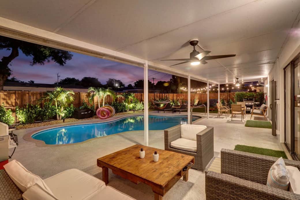 2 outdoor spaces, can be divided or left open. Custom night lighting. 2 Gas Grills, 1 Charcoal. 