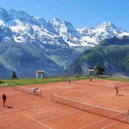Outdoor tennis courts in Mürren above the Lauterbrunnen Valley