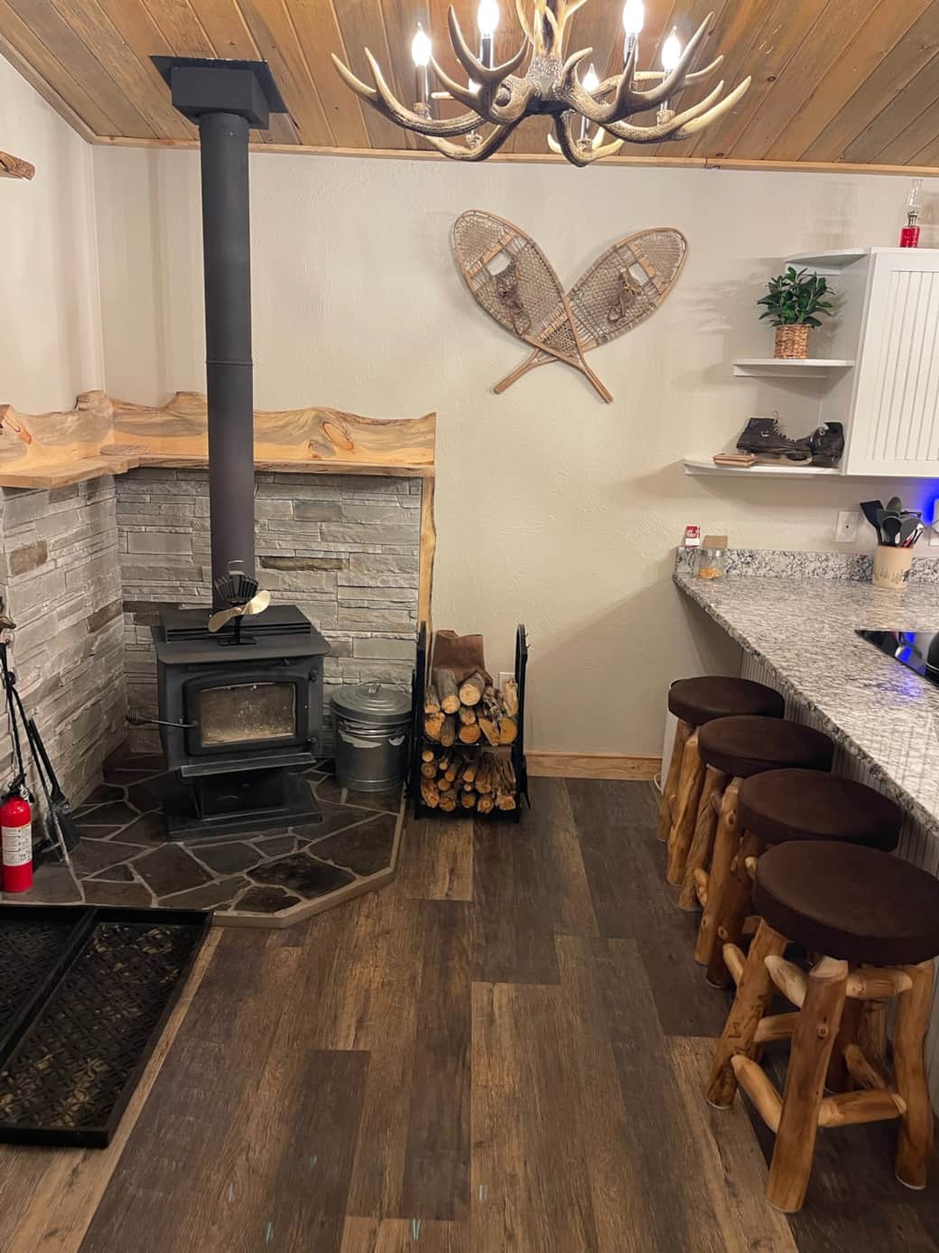 Wood Fire Stove and barstools for eating family meals
