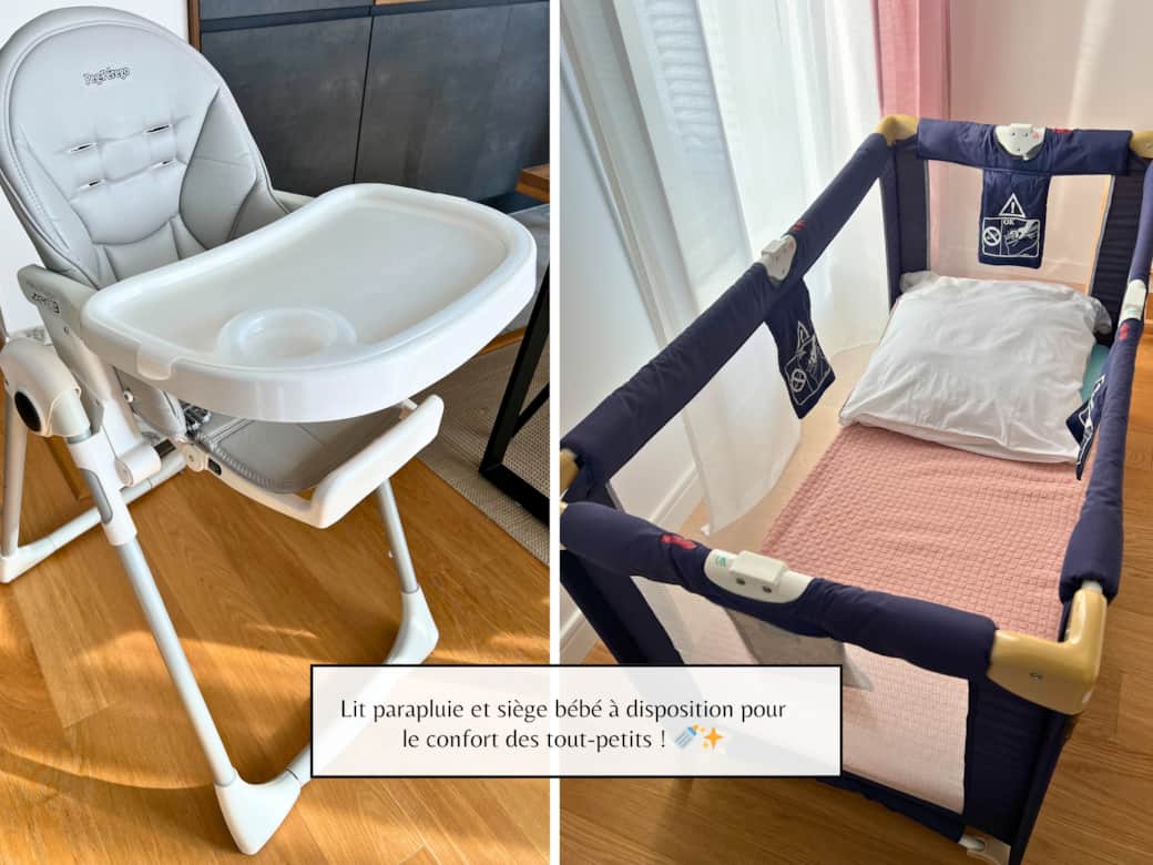 Lit parapluie et siège bébé à disposition pour le confort des tout-petits ! 🍼✨ Lit parapluie et siège bébé à disposition pour le confort des tout-petits ! 🍼✨