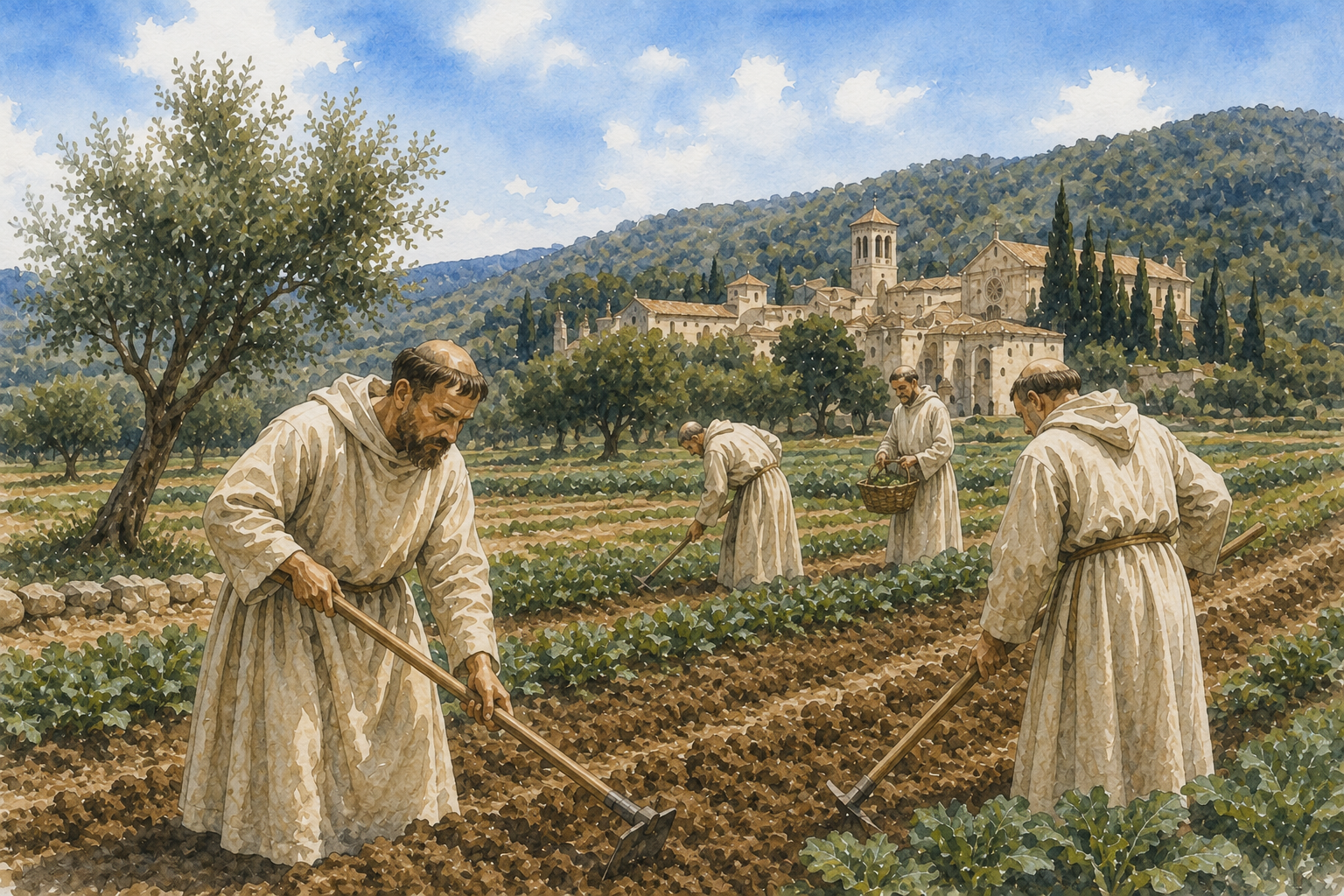 Watercolour illustration of Cistercian monks working the landscape