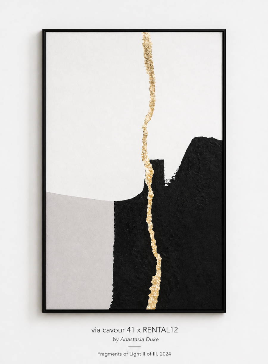 Fragments of Light Panel II of III — gold, black, grey and white framed panel from the Via Cavour 41 triptych in Olbia
