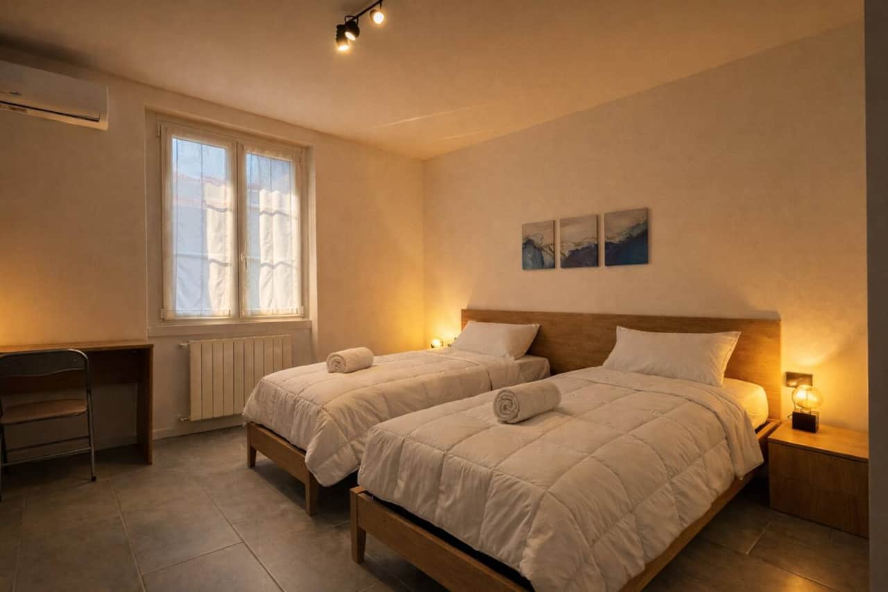 Camera luminosa e ordinata in stile moderno, con due letti singoli unibili in letto matrimoniale, arredi in legno e dettagli blu che creano un’atmosfera rilassante. Completa di scrivania per lavorare in tranquillità.