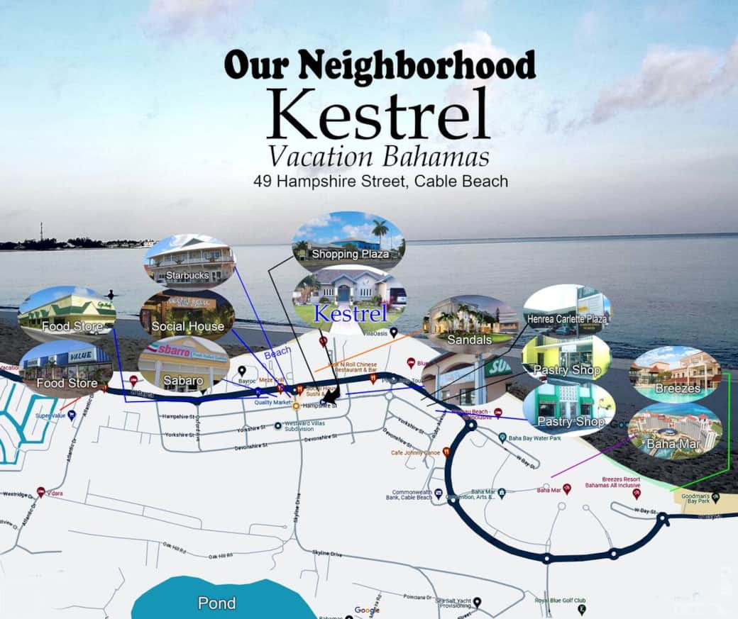 Kestrel's prime location in relation to West Bay St., commercial establishments, and the beach.