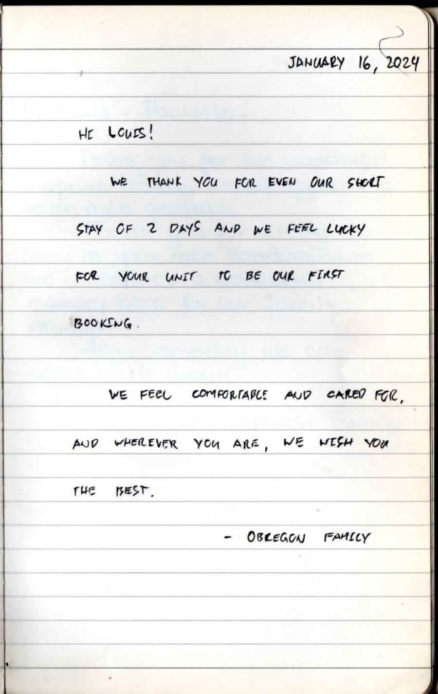 Handwritten guest note from Raya P09 guest book