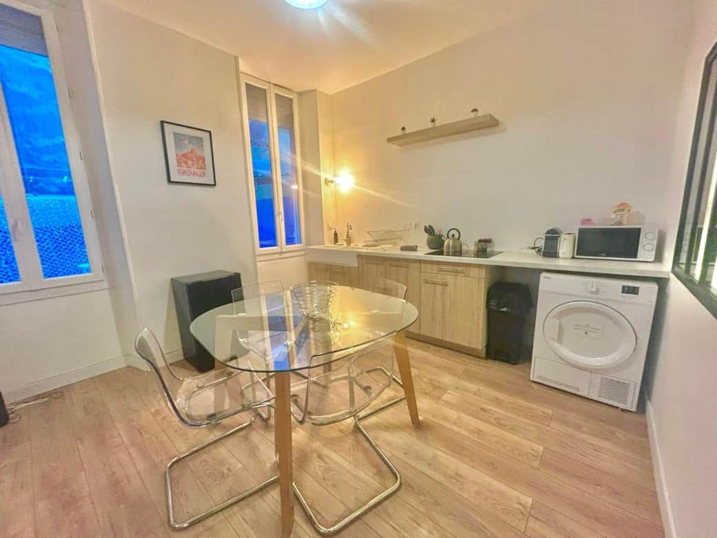 Kitchen, dining table, washing machine, micro wave