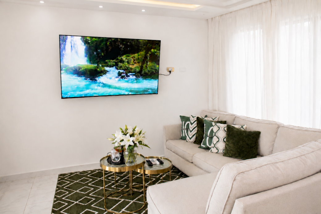 Bright modern living room with smart TV, plush seating, and elegant décor.