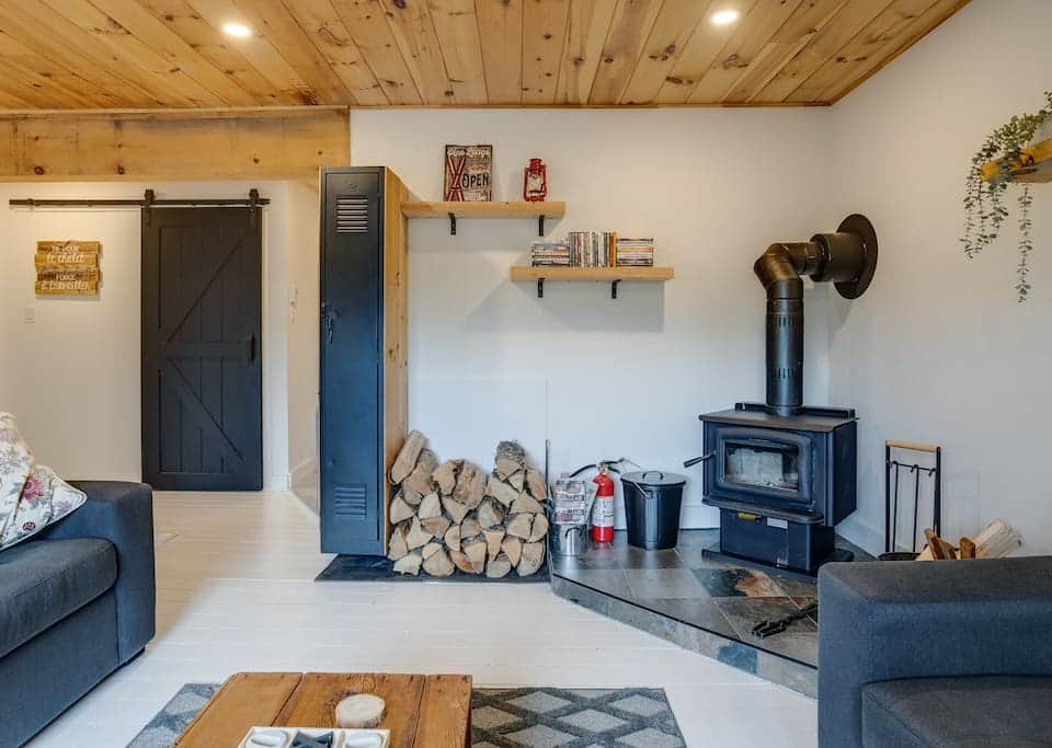 Salon avec foyer au bois