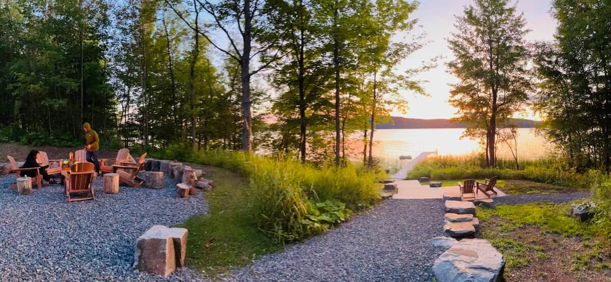 Fire pit and sunset views down to the lake