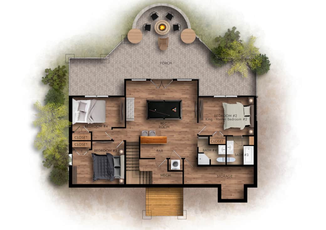Open-concept lower level with play room with  pool table for entertainment