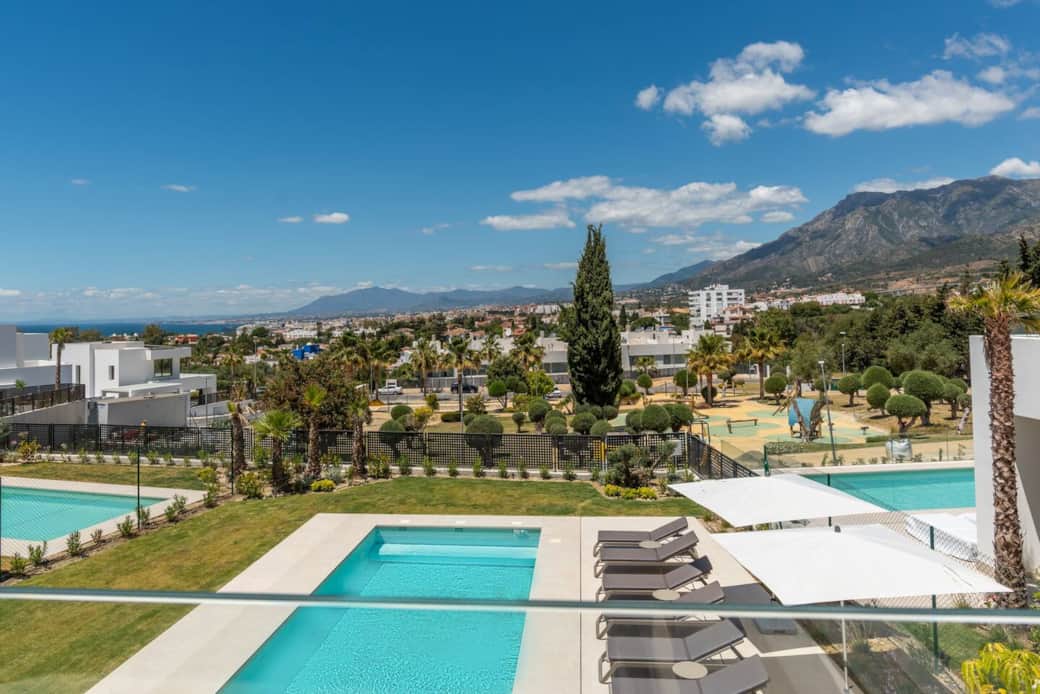 This is the The View from the upper terrace from 3 of the bedrooms the terrace has sofas and chairs to enjoy this vista!