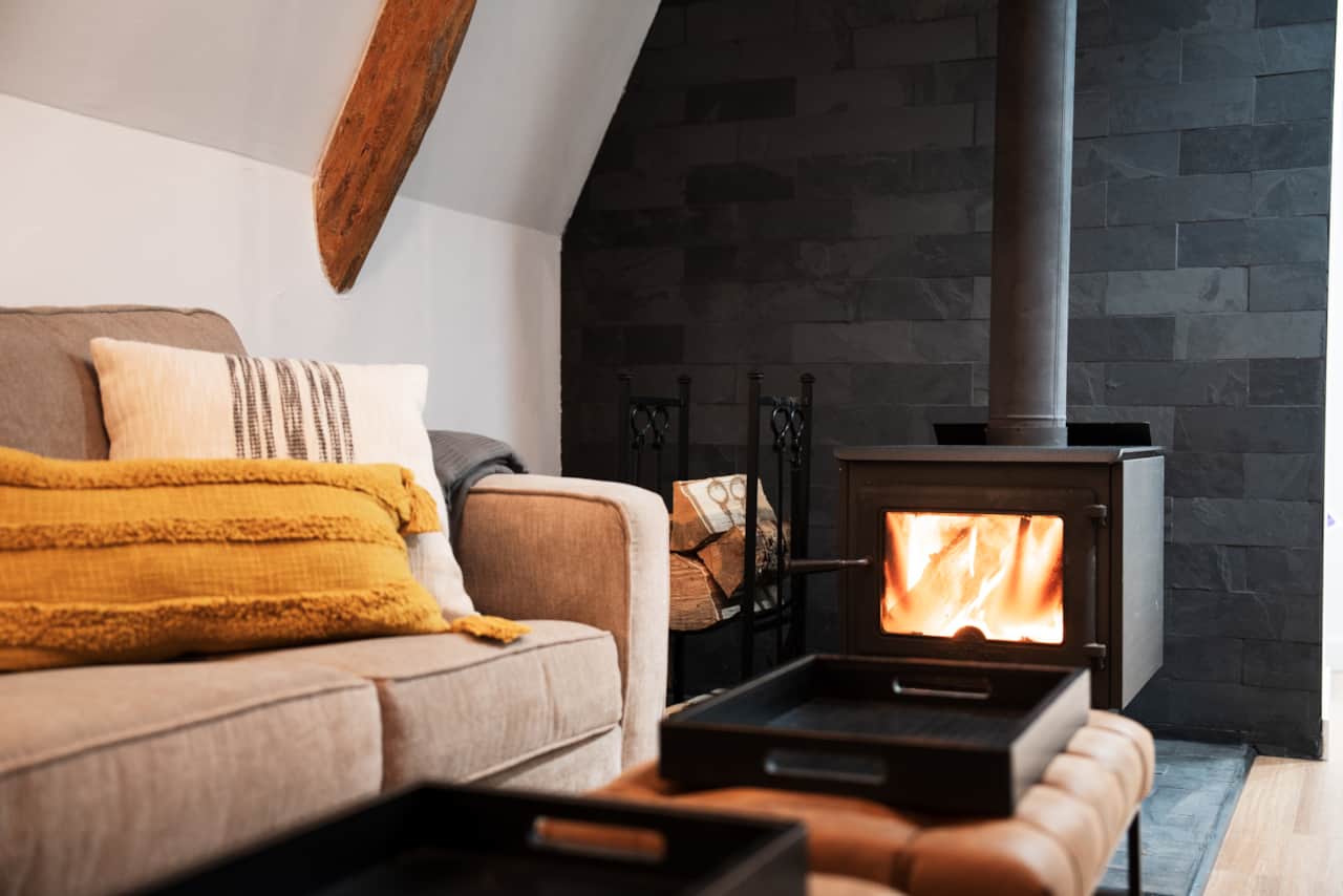 Living Room with Wood Burning Fireplace