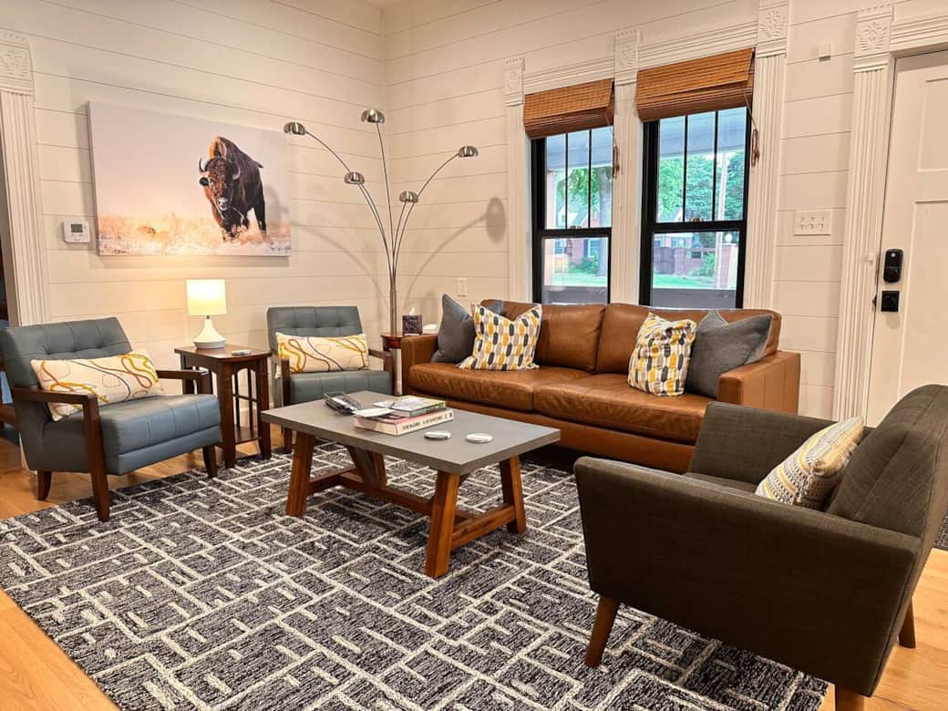 Our mid-century inspired living room in a century-old home.