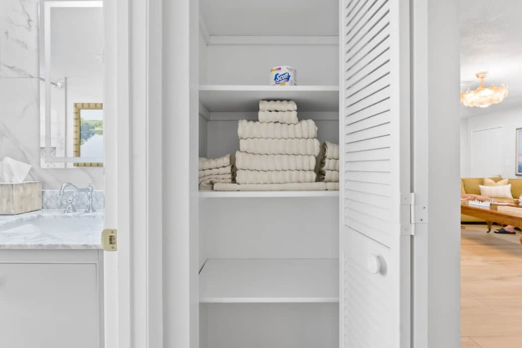 The linen closets are fully stocked with fresh towels, extra linens an essential supplies to ensure a comfortable and convenient stay for every guest.