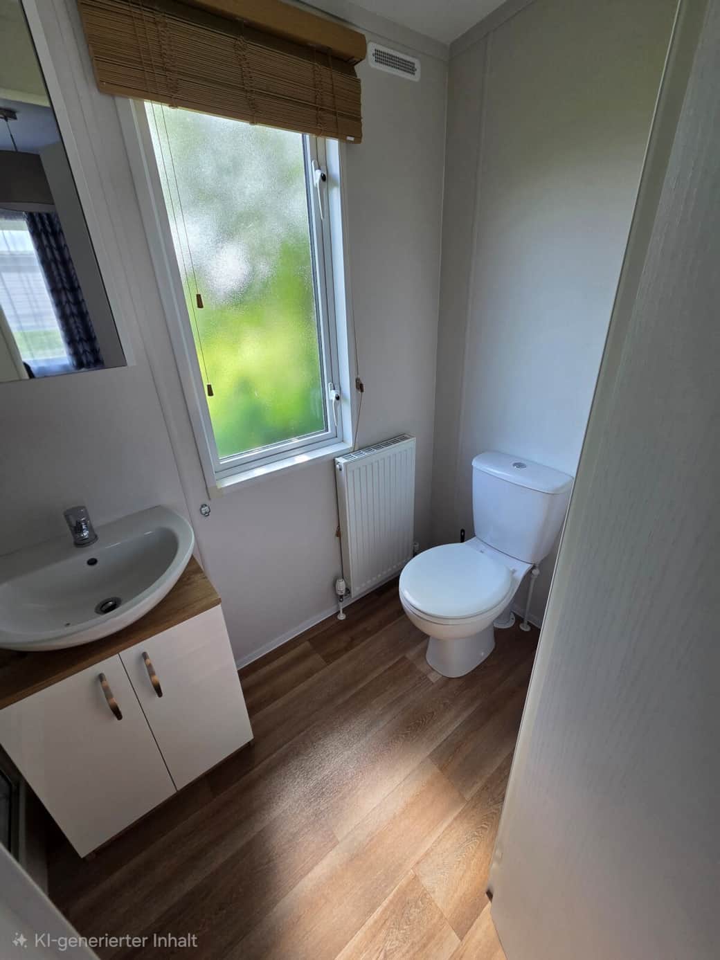Modernes, lichtdurchflutetes Badezimmer neben dem Elternschlafzimmer, mit WC, Dusche, Waschbecken und Fenster – sauber, praktisch und komfortabel.