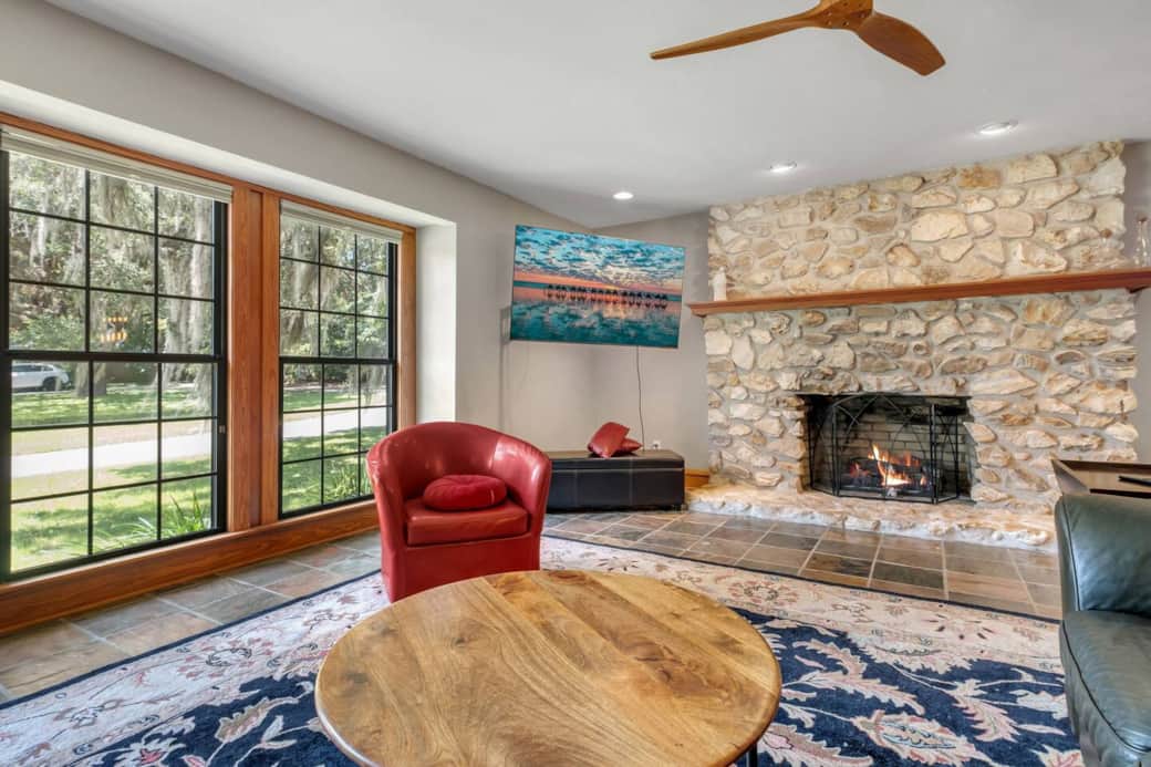 Living room with large TV, fireplace and reading nook (not pictured). Living room with large TV, fireplace and reading nook (not pictured).