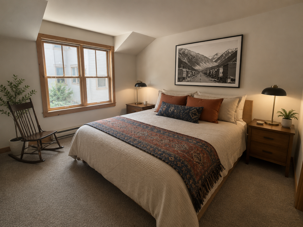 King bed in primary bedroom w/ ensuite bath King bed in primary bedroom w/ ensuite bath