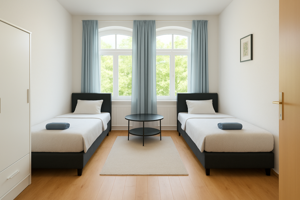 Helles Schlafzimmer mit 2 Boxspringbetten