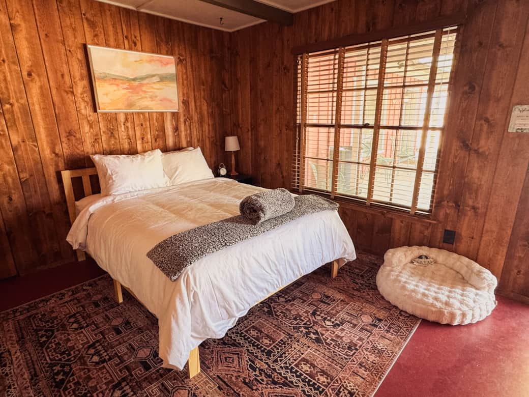 Cozy queen bed with window view, dog bed, and desert-inspired decor