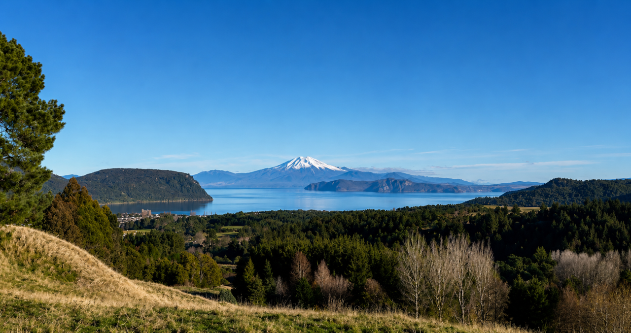 View of Taupo from hill track above Muirs Reef Lodge. Mount Tongariro is in front of Mount Ruapehu