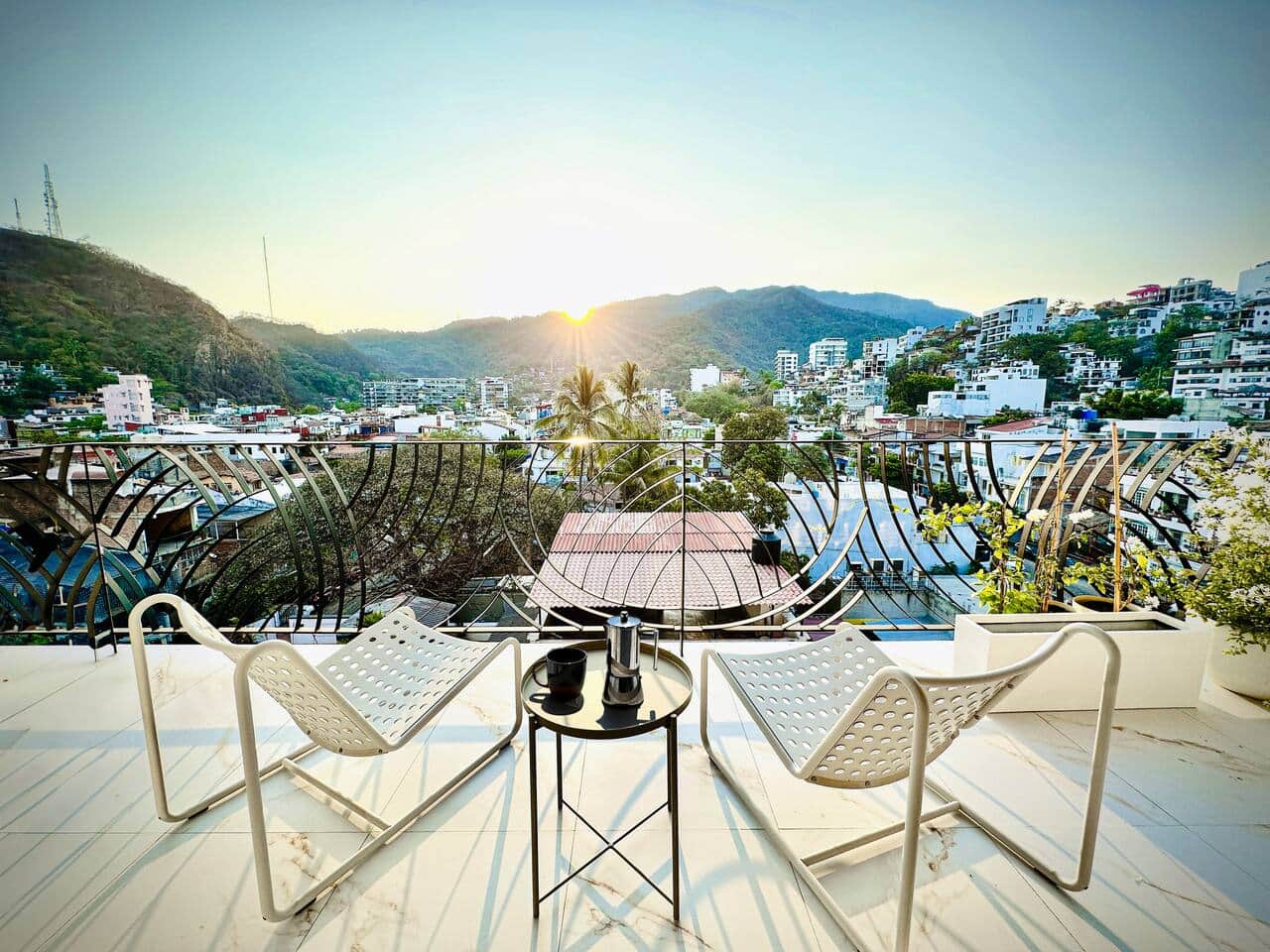 Morning coffee with the sunrise over the Sierra Madre mountains