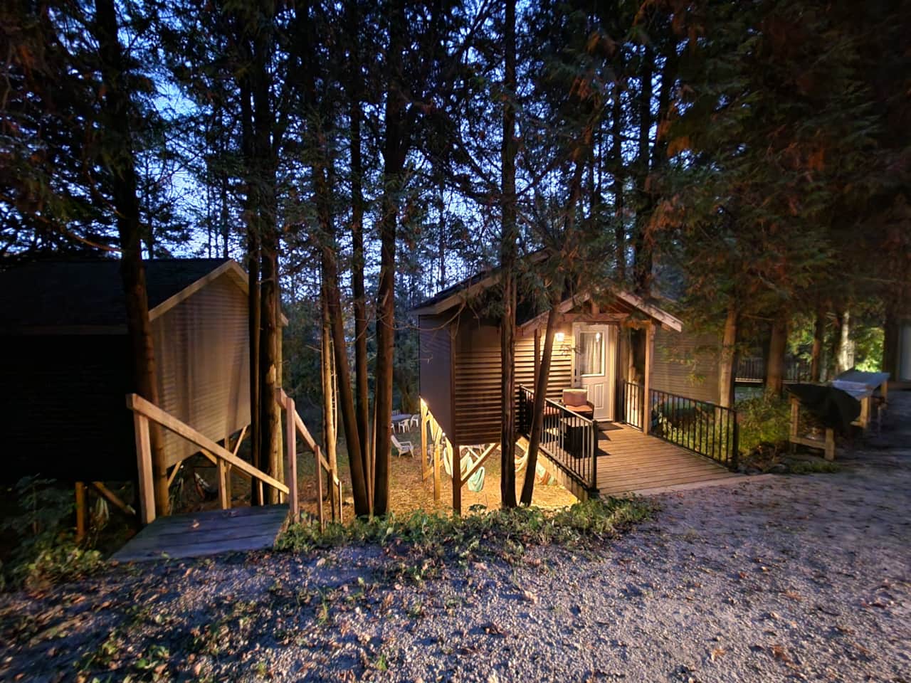 Cabin #2 exterior front cafe lights on