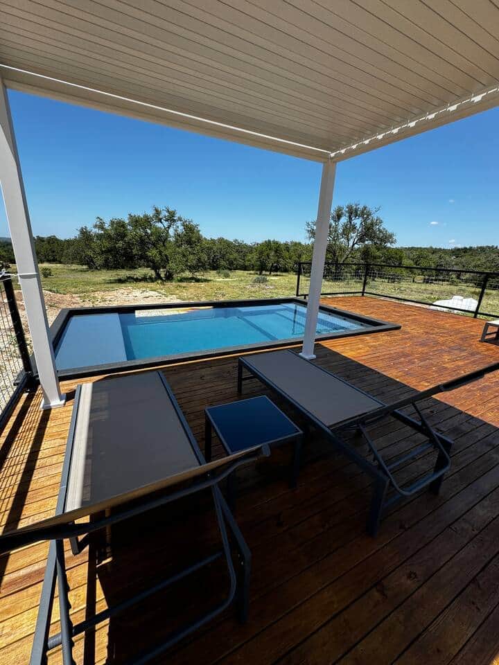 Texas glampgrounds blue moon tiny home covered deck plunge pool Texas glampgrounds blue moon tiny home covered deck plunge pool