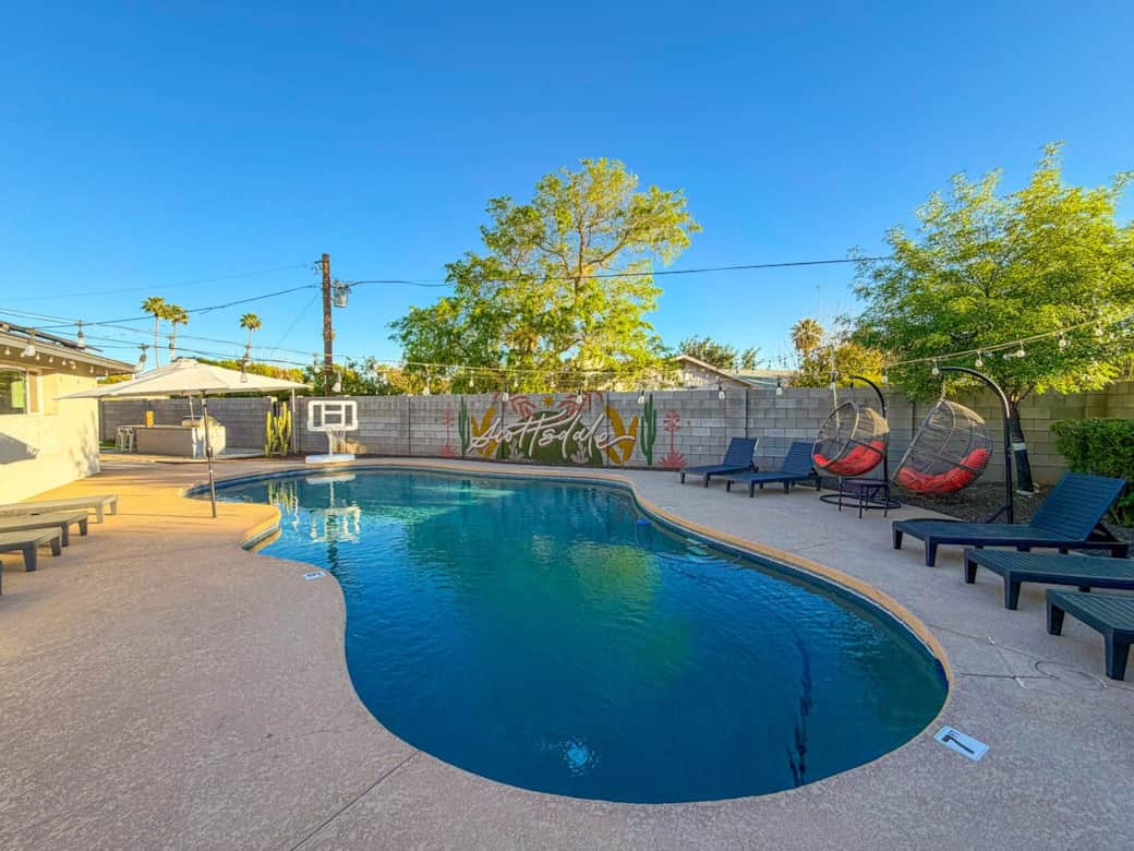 Pool party! Whether you’re swimming in the deep end, floating in the sunshine, or just dipping your toes, the spacious pool invites you to relax. Pool heat is available for an additional fee with 48 hours’ notice.
