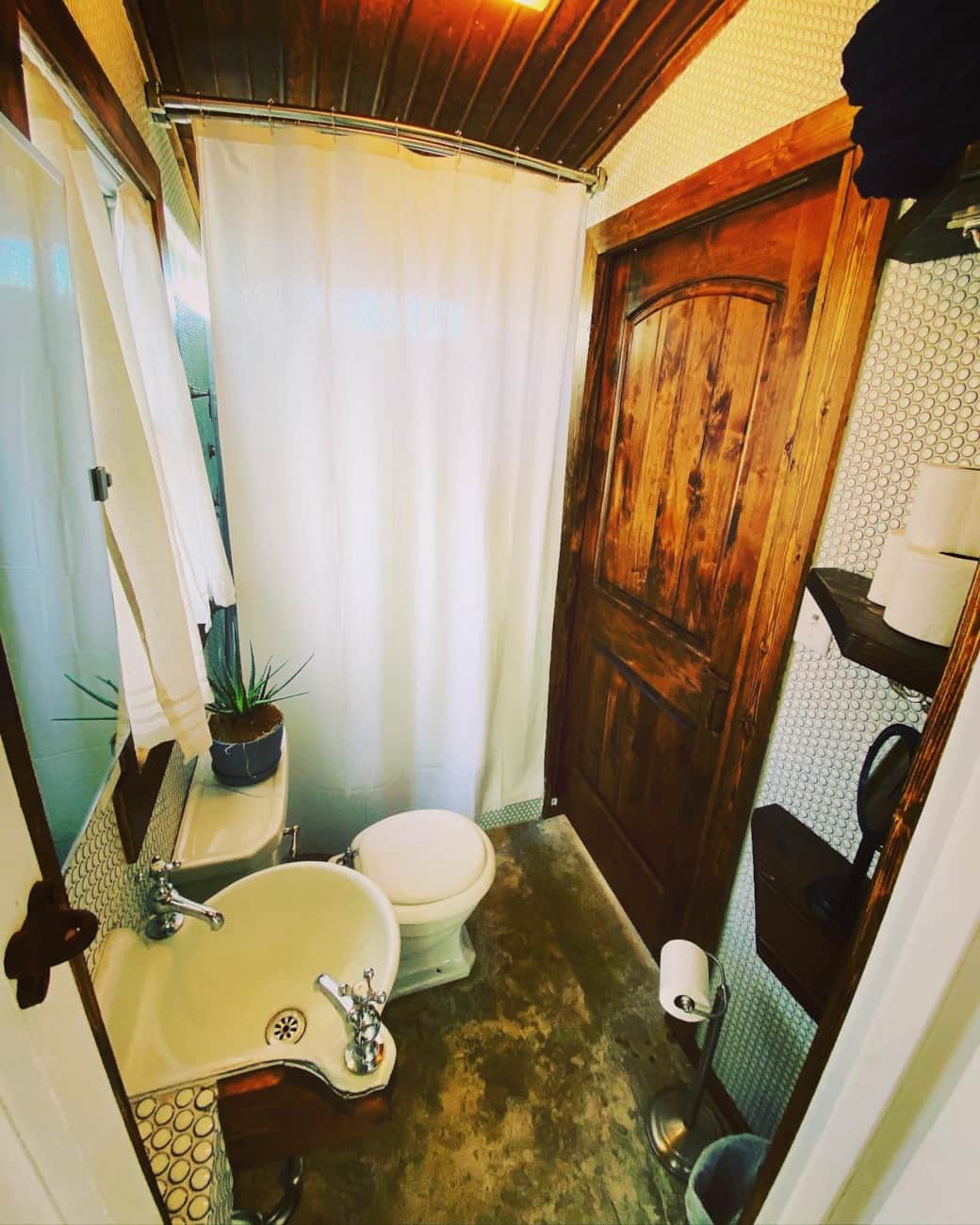 South Casita Ensuite Featuring Vintage Barn Metal Ceiling & Farmhouse Sink South Casita Ensuite Featuring Vintage Barn Metal Ceiling & Farmhouse Sink