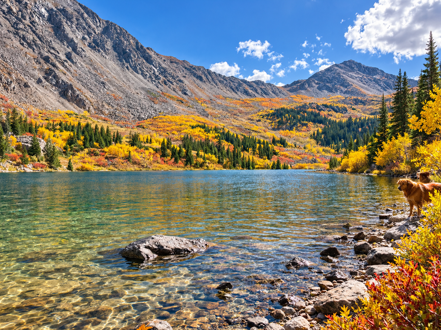 Lakes in the Clouds along the Rainbow Trail in the Sangre de Cristo Mountains near Westcliffe, Colorado, framed by golden fall aspens