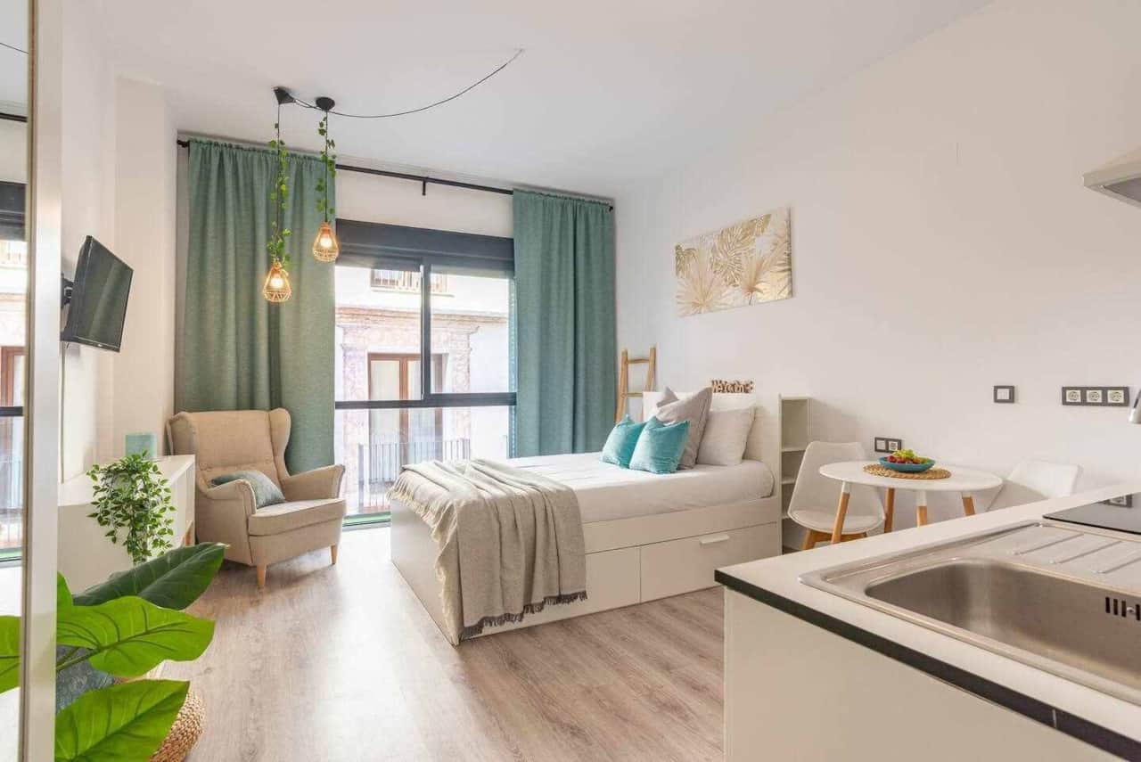 Bright open-plan studio with cozy seating, double bed, and natural light.