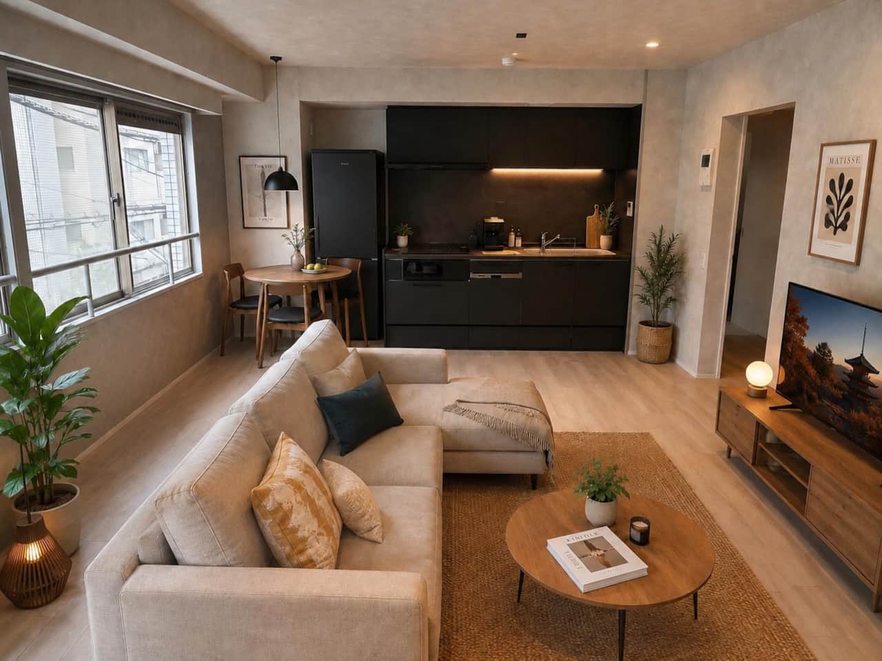 Bright open-plan living with a fully equipped kitchen and comfortable lounge.