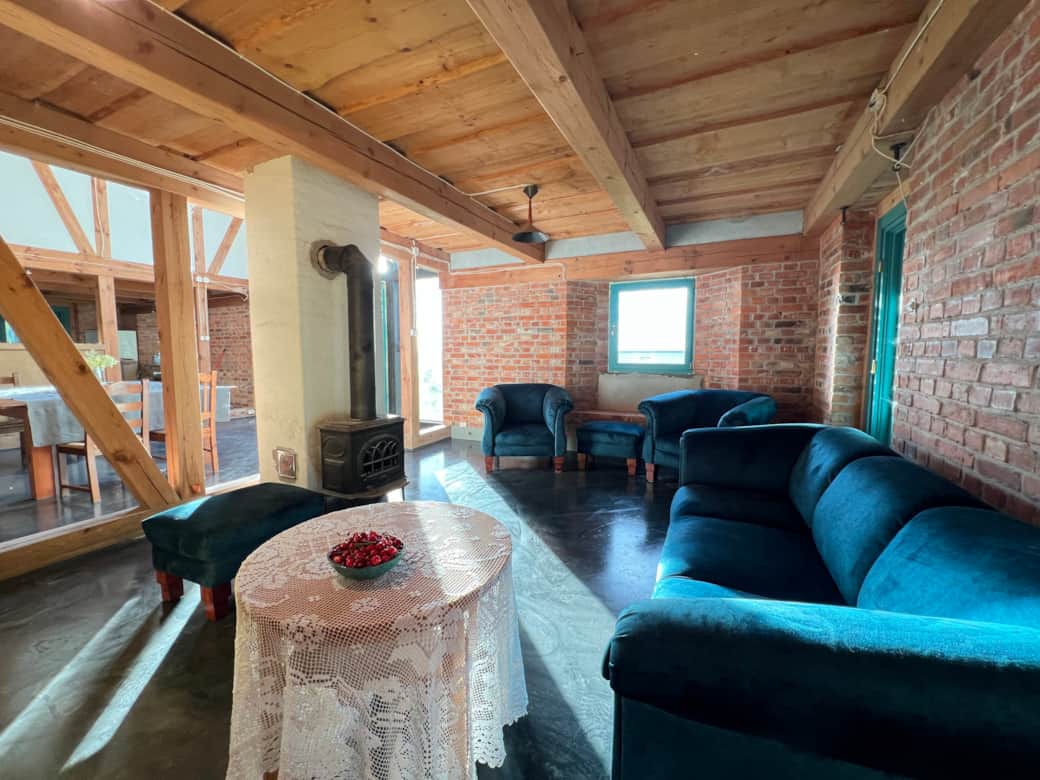 Salon z sofami i ceglaną ścianą