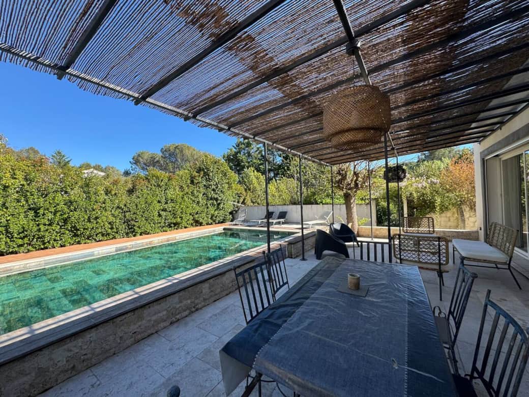 terrace, swimming pool, dining table