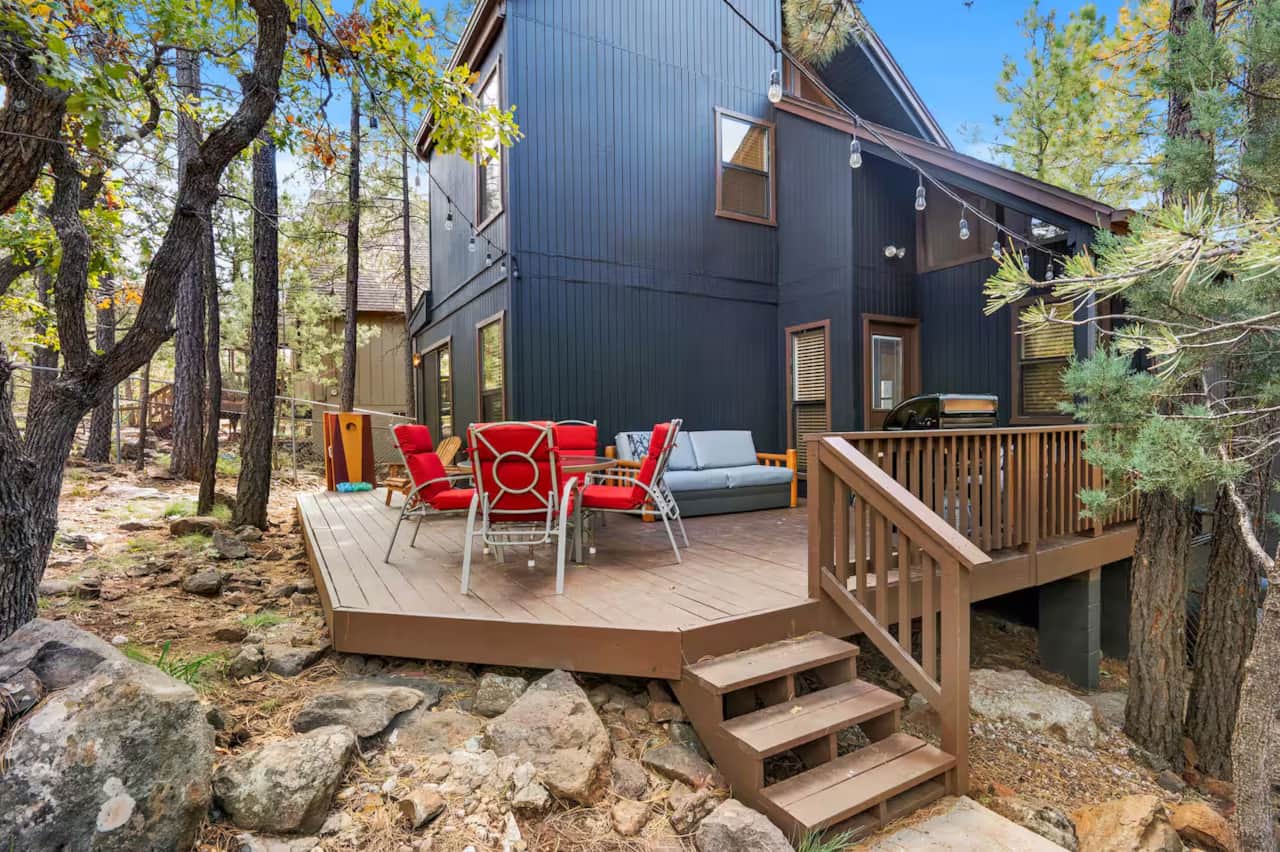 Back deck seating area at secluded cabin near Flagstaff Arizona