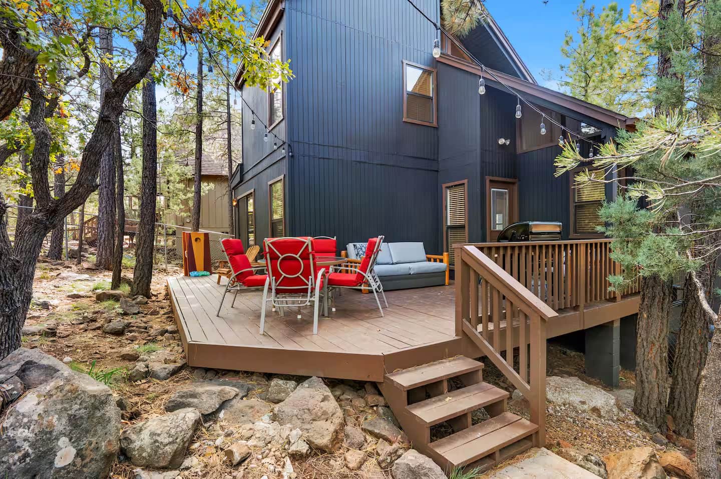Back deck seating area at secluded cabin near Flagstaff Arizona