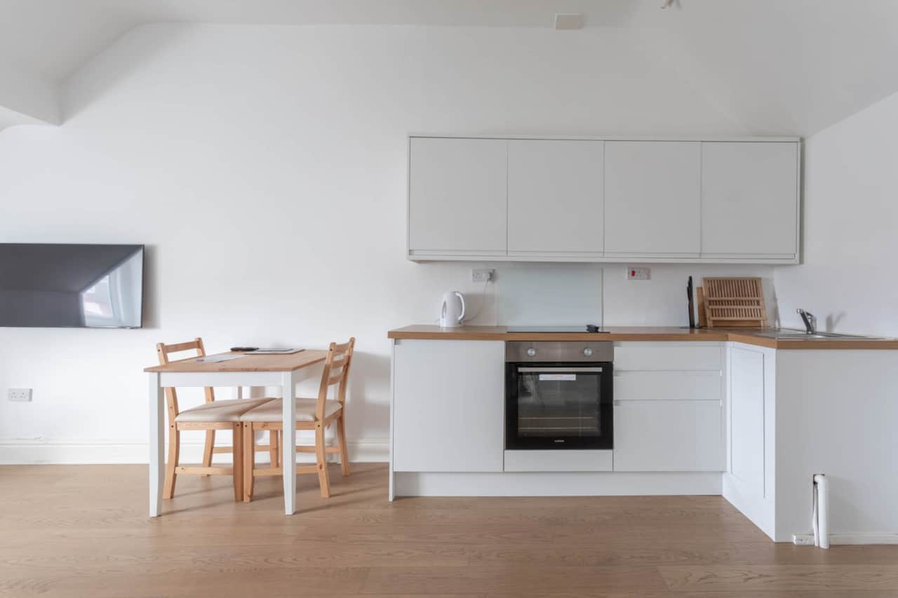 Fully equipped kitchen with cooking facilities. 