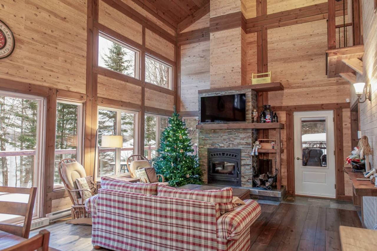 Salon avec foyer au bois