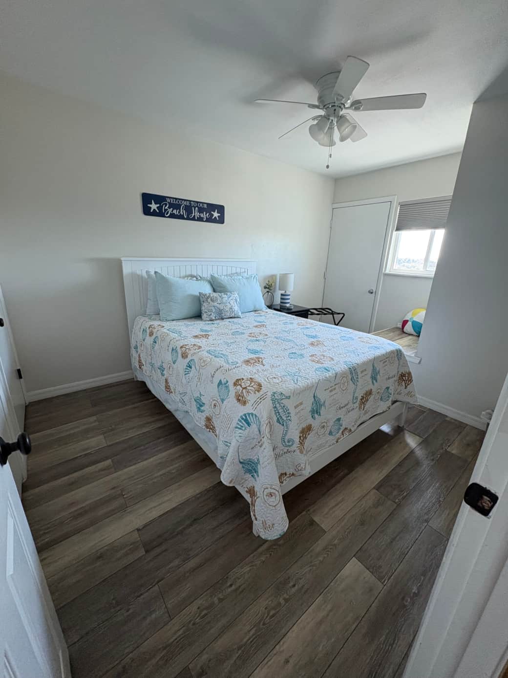 Queen-size bed with memory foam mattress. 