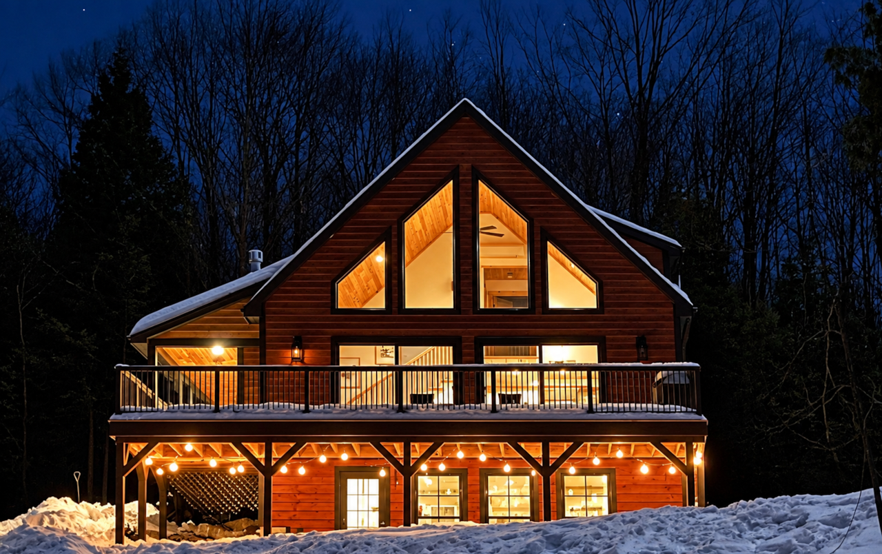 Acorn Haus glowing at night after another day in the mountains