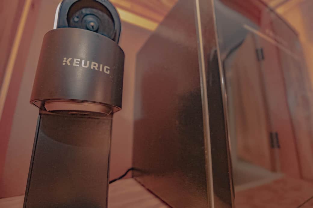 Coffee maker and mini fridge.