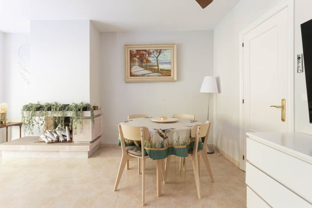 Dining table for 8 guests. Welcome box with drinks, snacks, and pastries