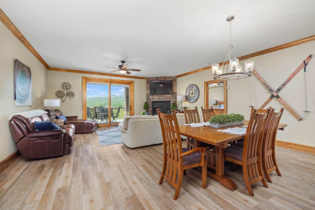 Main living and dining area with view of mountain sugar and grandfather mountains