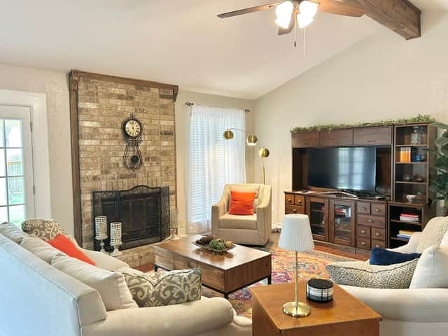 open plan living area with dining room and kitchen.