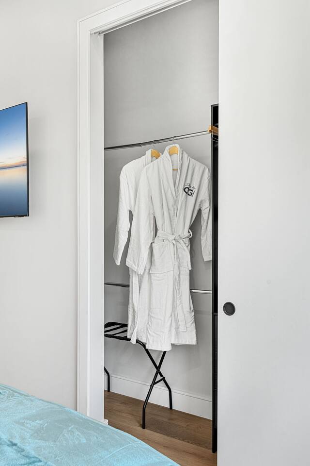 Everything you need is at hand, with stylish robes ready for a relaxing stay.