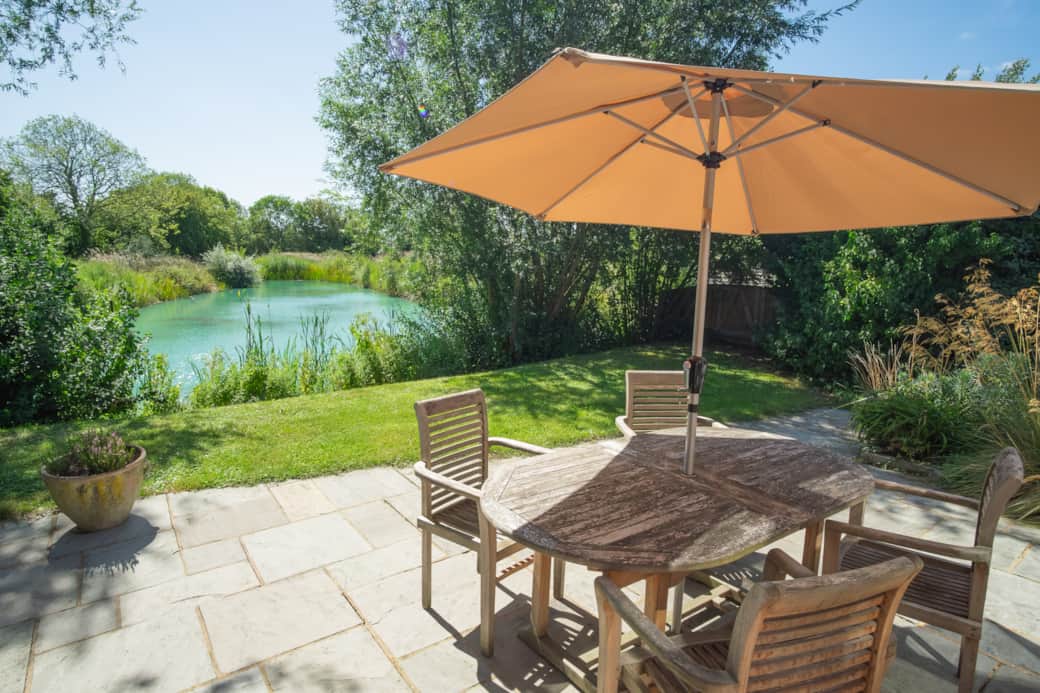 The patio area overlooking one of our fishing lakes. This patio and garden area is fenced. 