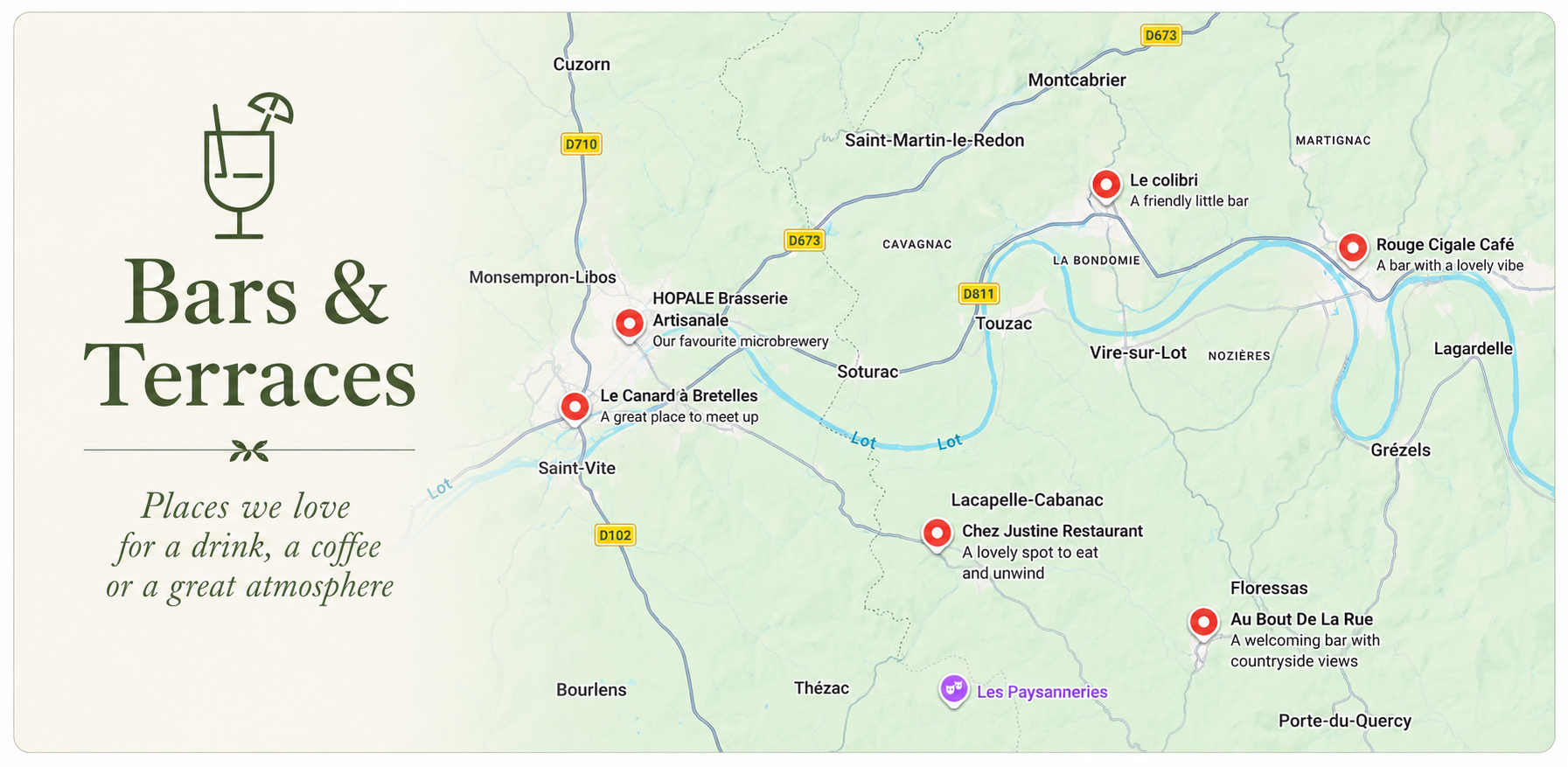Map of recommended bars near Montayral and the Lot Valley